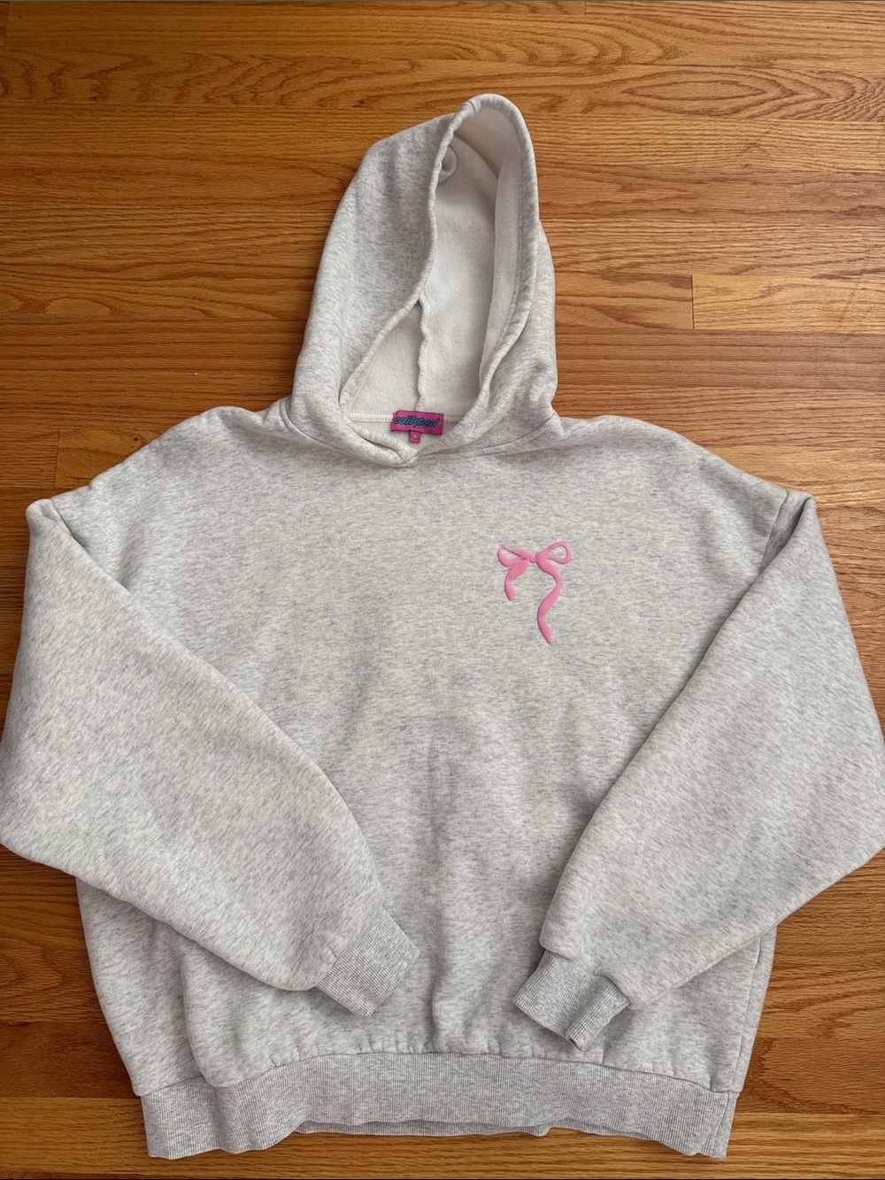 Edikted Light Gray Hoodie with Pink Bow Embroidery